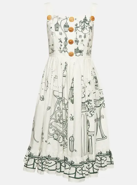 Dolce & Gabbana White Botanical Garden Print Poplin Flared Dress M