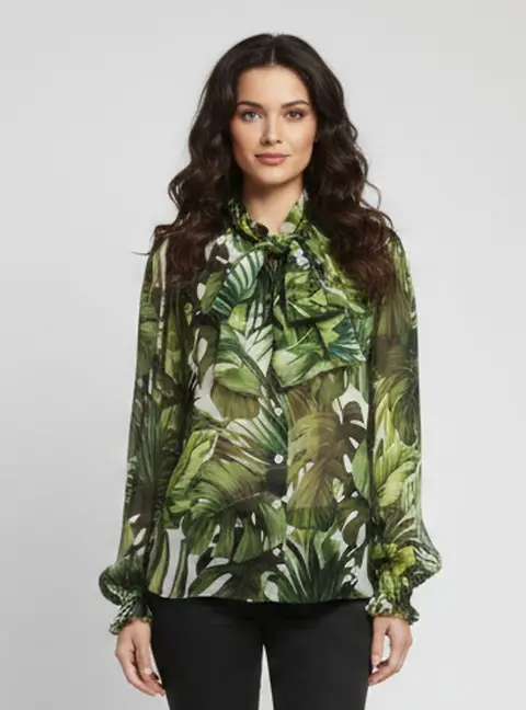 Dolce & Gabbana Green Leaf Print Chiffon Neck Tie Blouse S