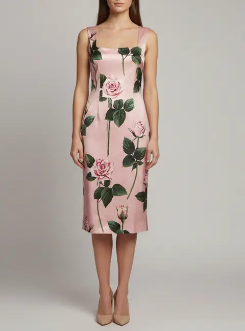 Dolce & Gabbana Pink Floral Print Satin Knee Length Dress S