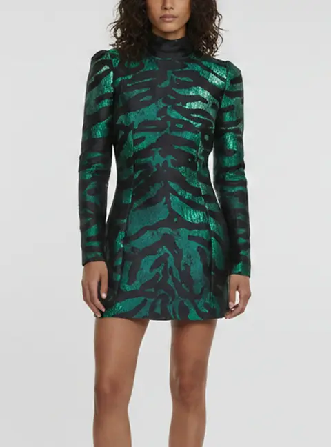 Dolce & Gabbana Green Jacquard Fitted Long Sleeve Short Dress S