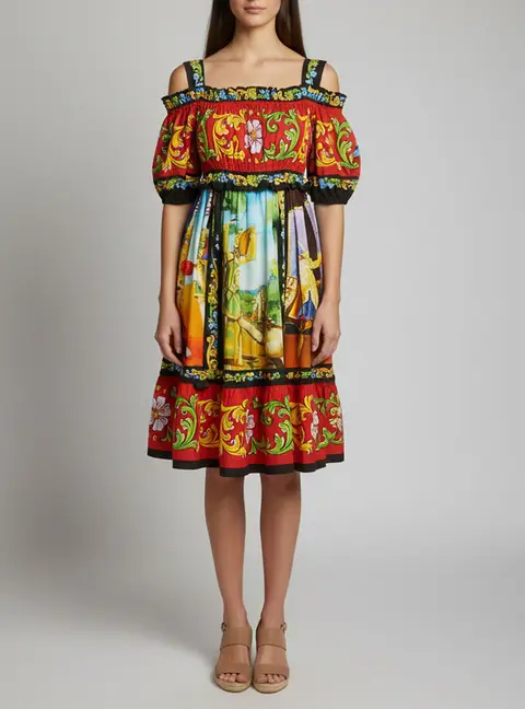 Dolce & Gabbana Multicolor Carretto Siciliano Print Poplin Dress XS