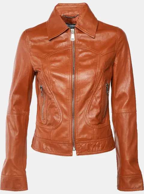 Dolce & Gabbana Burnt Orange Leather Zip-Up Jacket M