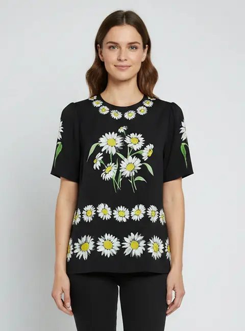 Dolce & Gabbana Black Daisy Print Silk Short Sleeve Blouse L