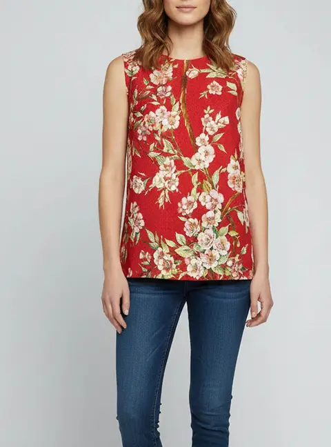 Dolce & Gabbana Red Cherry Blossom Print Crepe Sleeveless Tunic M