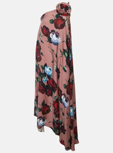 Dolce & Gabbana Rosette Floral Print Silk Asymmetric One-Shoulder Dress S