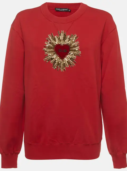 Dolce & Gabbana Red Heart Embellished Cotton Knit Sweatshirt S