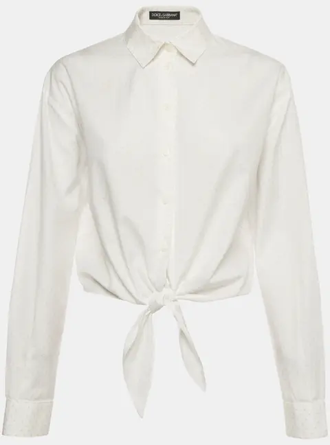 Dolce & Gabbana White Polka Dot Print Cotton Tie Blouse M