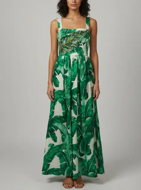 Dolce & Gabbana Green/White Palm Leaf Print Silk Embellished Gown M