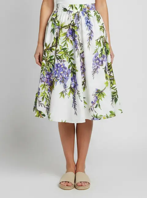 Dolce & Gabbana White Wisteria Print Cotton Flared Skirt M