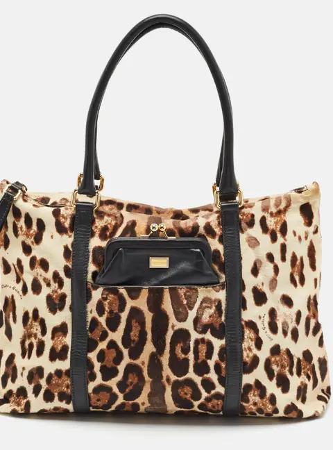 Dolce & Gabbana Front Pocket Black Leopard Print Calf Hair and Leather Tote