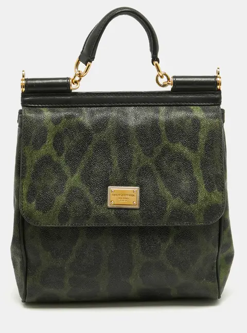 Dolce & Gabbana Miss Sicily Green/Black Leopard Print Coated Canvas and Leather Tote