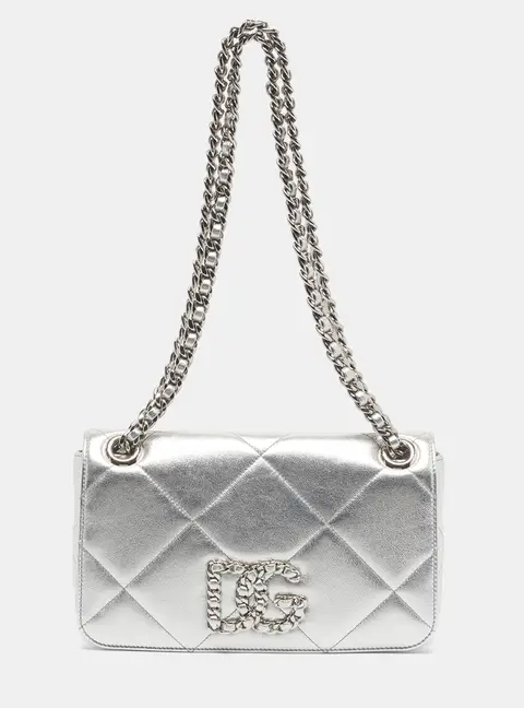 Dolce & Gabbana DG Logo Chain Silver Quilted Leather Shoulder Bag