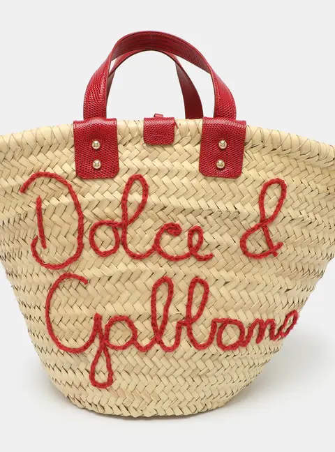 Dolce & Gabbana Kendra Beige/Red Lizard Embossed Leather and Raffia Tote