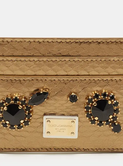 Dolce & Gabbana Crystal Embellished Gold Snakeskin Embossed Leather Card Holder