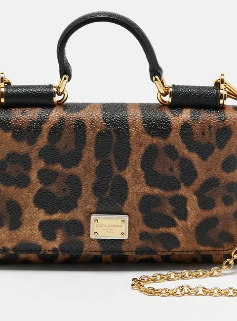 Dolce & Gabbana Miss Sicily Brown/Black Leopard Print Coated Canvas Wallet on Chain