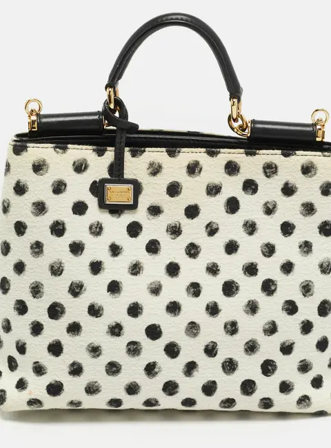 Dolce and Gabbana Miss Sicily White/Black Polka Dot Fabric Top Handle Bag