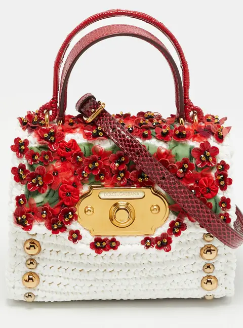 Dolce & Gabbana Floral Embellished Welcome Red/White Straw and Snakeskin Top Handle Bag