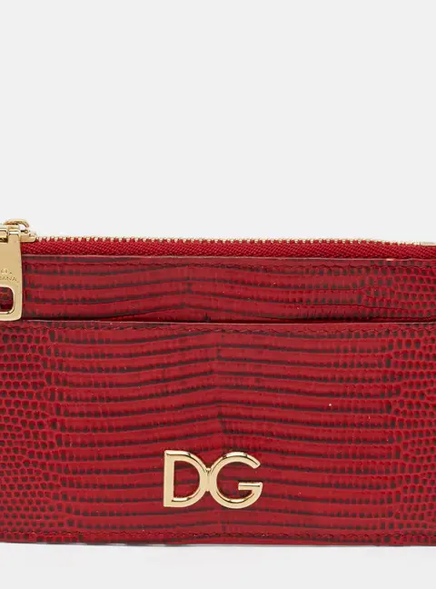 Dolce & Gabbana DG Logo Red Lizard Embossed Leather Zip Card Case