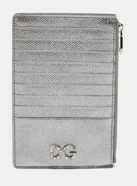 Dolce & Gabbana DG Crystal Logo Silver Leather Zip Card Case