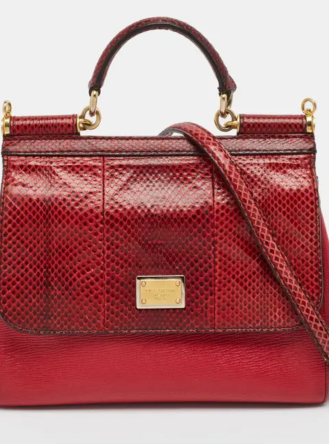 Dolce & Gabbana Miss Sicily Medium Red Snakeskin and Leather Top Handle Bag