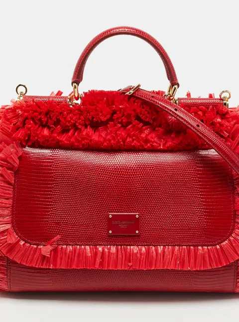 Dolce & Gabbana Miss Sicily Medium Red Lizard Embossed Leather and Raffia Trim Top Handle Bag
