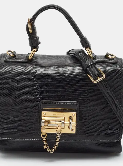 Dolce & Gabbana Miss Monica Small Black Lizard Embossed Leather Top Handle Bag