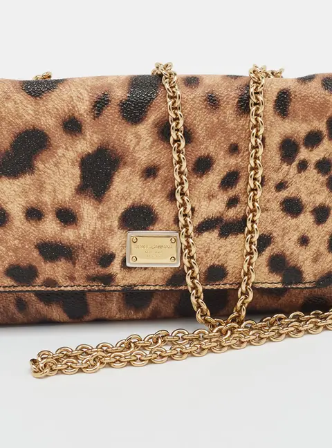 Dolce & Gabbana Brown Leopard Print Leather Trifold Wallet On Chain