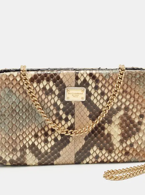 Dolce & Gabbana Kiss Lock Beige/Multicolor Python Frame Chain Clutch