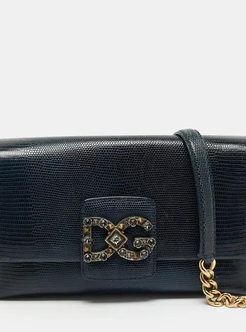 Dolce & Gabbana DG Millennials Navy Blue Lizard Embossed Leather Shoulder Bag