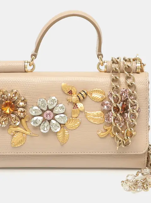 Dolce & Gabbana Sicily Von Crystals Beige Lizard Embossed Leather Smartphone Bag