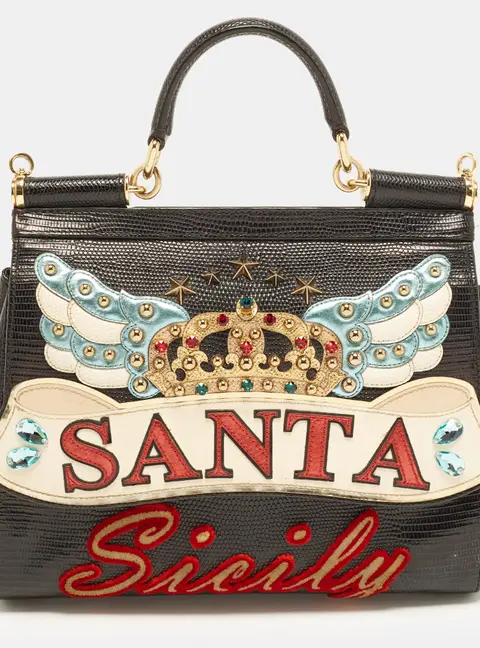 Dolce & Gabbana Sicily Black Medium Lizard Embossed Leather Top Handle Bag