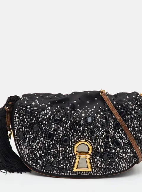 Dolce & Gabbana Vlada Black Satin Crystal Embellished Flap Shoulder Bag