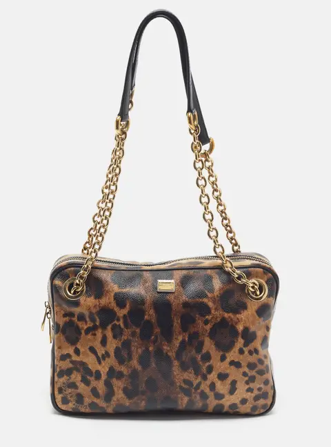 Dolce & Gabbana Leopard Print Brown/Black Coated Canvas Camera Bag