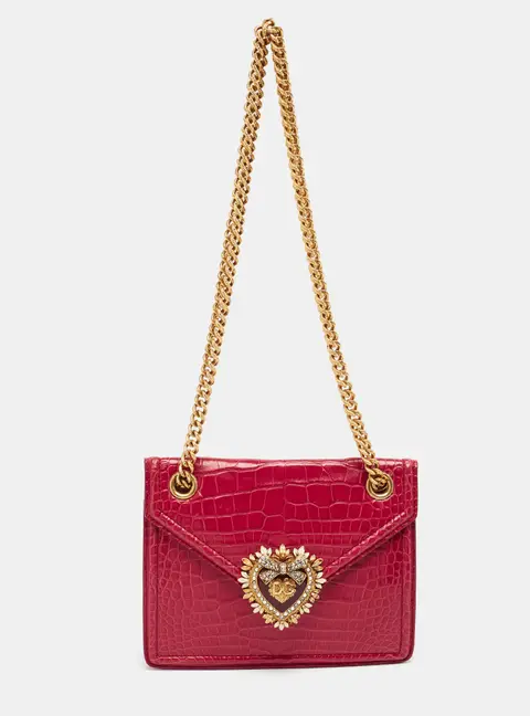 Dolce & Gabbana Devotion Chain Red Croc Embossed Leather Shoulder Bag