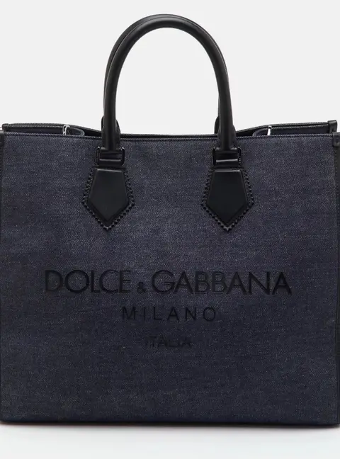 Dolce & Gabbana Edge Large Black/Navy Blue Denim and Leather Logo Print Tote