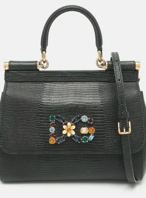 Dolce & Gabbana Miss Sicily Small Green Lizard Embossed Leather Top Handle Bag