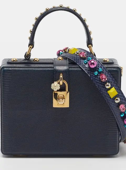 Dolce & Gabbana Studded Rosaria Box Navy Blue Lizard Embossed Leather Top Handle Bag