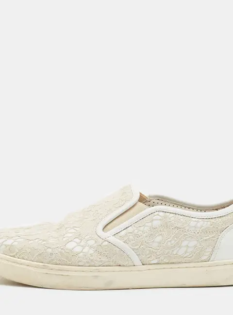 Dolce & Gabbana Size 37 White/Beige Lace and Leather Slip On Sneakers