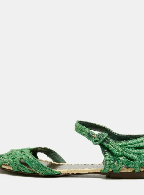 Dolce & Gabbana Size 37.5 Green Raffia Flat Ankle Strap Sandals
