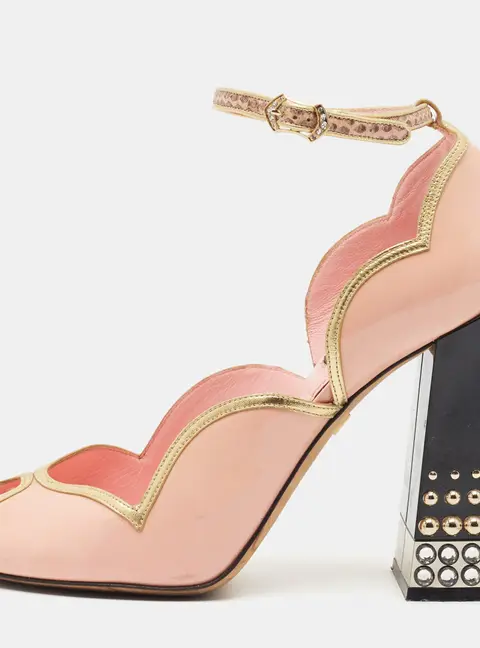 Dolce & Gabbana Size 41 Pink/Gold Patent Leather  Crystal Embellished Ankle Peep Toe Pumps