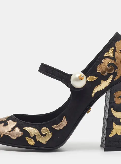 Dolce & Gabbana Vally Size 41 Black/Gold Brocade Fabric and Leather Mary Jane Pumps