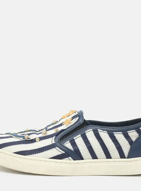 Dolce & Gabbana Size 35 White/Blue Mesh and Leather Studded Slip On Sneakers