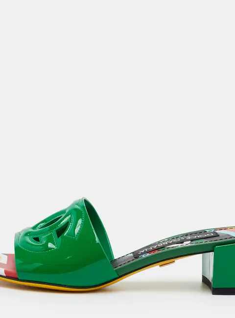 Dolce & Gabbana Cut Out DG Logo Size 36 Green Patent Leather Slide Sandals
