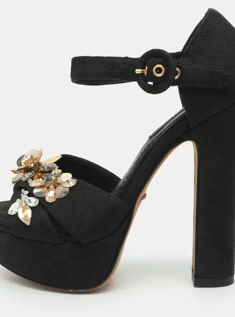 Dolce & Gabbana Size 35 Black Floral Fabric Embellished Platform Ankle Strap Sandals