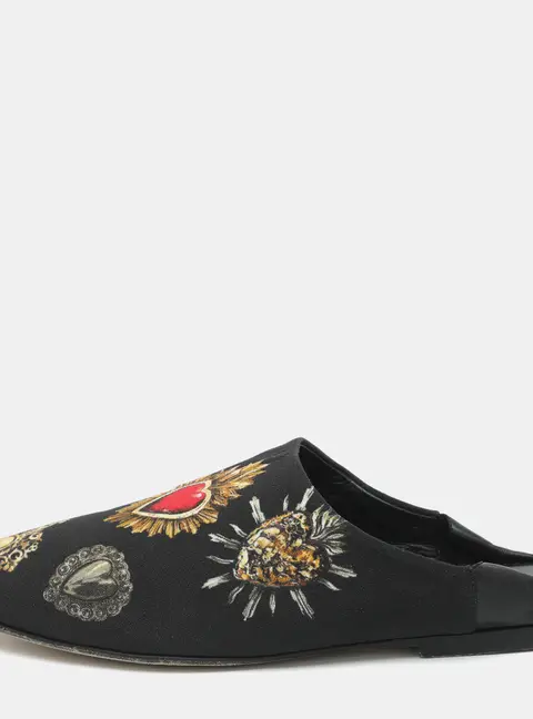 Dolce & Gabbana Size 37.5 Black/Multicolor Sacred Hearts Printed Fabric Mules