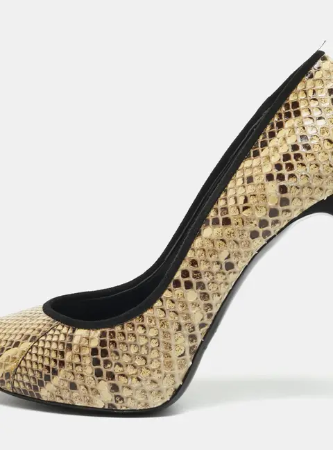 Dolce & Gabbana Size 37.5 Cream/Brown Python Leather and Suede Pumps