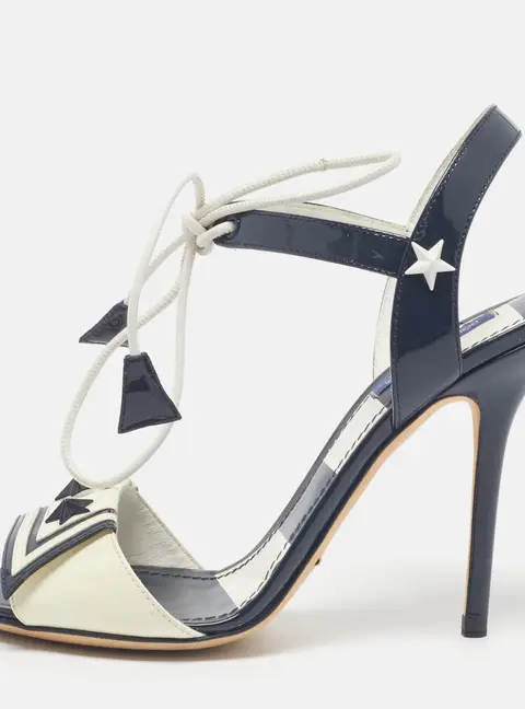 Dolce & Gabbana Size 37.5 Navy Blue/White Patent Leather Ankle Strap Sandals