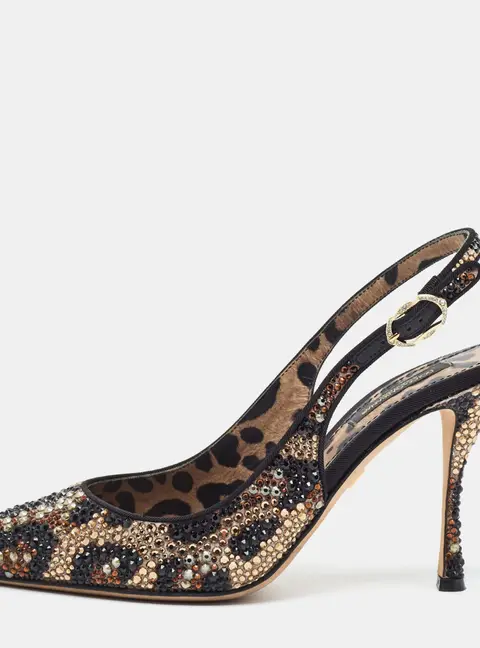 Dolce & Gabbana Size 38 Gold/Black Leopard Print Satin Crystal Embellished Slingback Pumps