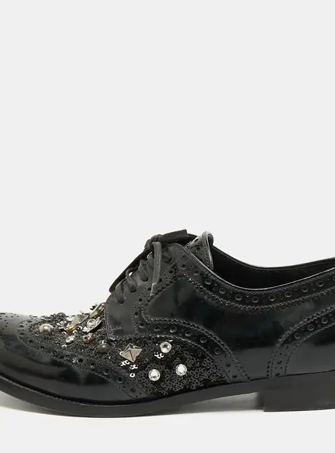 Dolce & Gabbana Size 39.5 Black Leather and Sequins Studded Brogue Lace Up Derby