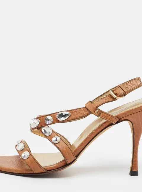 Dolce & Gabbana Size 38 Brown Leather Crystal Embellished Slingback Sandals